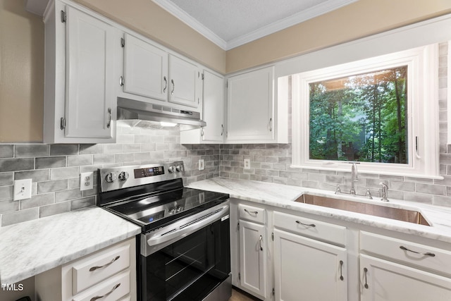 905 Balmoral Dr, Cary, NC 27511 - kitchen with stainless steel range with electric stovetop, under cabinet range hood, a sink, crown molding, and white cabinetry