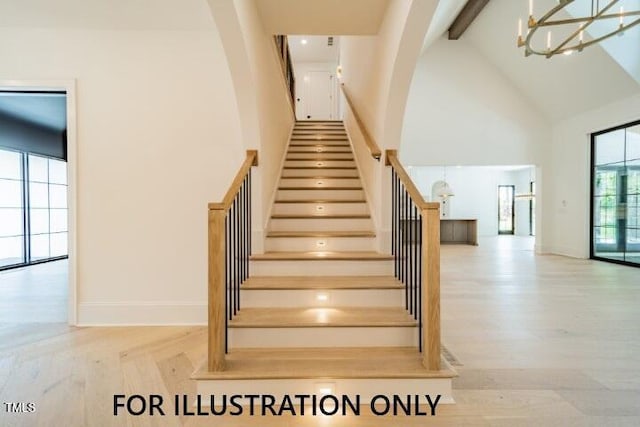 3422 Redbud Ln, Raleigh, NC 27607 - stairs with high vaulted ceiling, beamed ceiling, a chandelier, baseboards, and wood finished floors