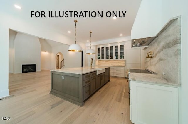 3422 Redbud Ln, Raleigh, NC 27607 - kitchen featuring a sink, light wood finished floors, glass insert cabinets, a large island, and white cabinetry