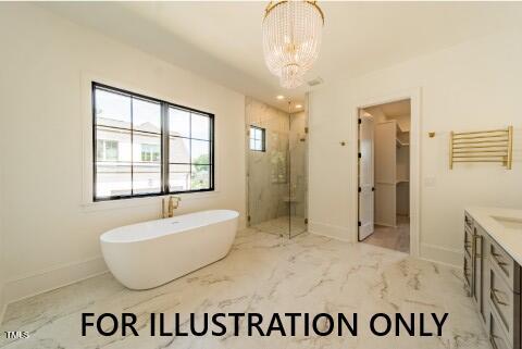 3422 Redbud Ln, Raleigh, NC 27607 - full bathroom with vanity, marble finish floors, a marble finish shower, a freestanding bath, and a chandelier