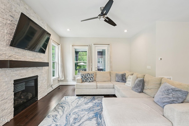 421 Gilpin Way, Cary, NC 27519 - living area with dark wood-style flooring, a ceiling fan, a fireplace, recessed lighting, and baseboards