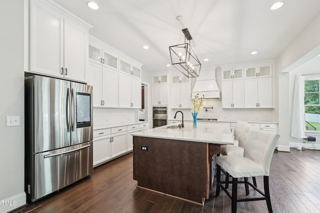 421 Gilpin Way, Cary, NC 27519 - kitchen with smart refrigerator, premium range hood, a sink, dark wood-type flooring, and recessed lighting