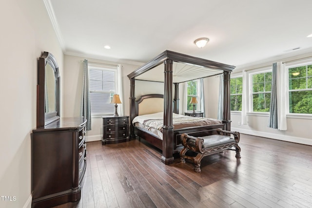 421 Gilpin Way, Cary, NC 27519 - bedroom with crown molding, baseboards, dark wood-style floors, and recessed lighting