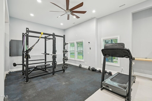 421 Gilpin Way, Cary, NC 27519 - workout area with baseboards, a ceiling fan, recessed lighting, and plenty of natural light