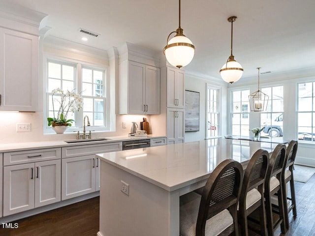 2641 Sidford Aly, Raleigh, NC 27608 - kitchen featuring a sink, ornamental molding, healthy amount of natural light, decorative light fixtures, and dark wood finished floors