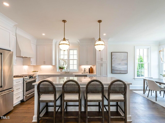 2641 Sidford Aly, Raleigh, NC 27608 - kitchen featuring appliances with stainless steel finishes, a sink, custom exhaust hood, a kitchen bar, and recessed lighting