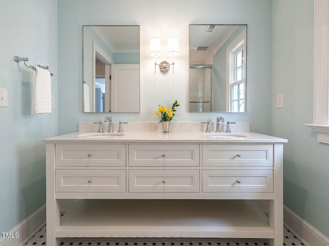 2641 Sidford Aly, Raleigh, NC 27608 - full bath featuring double vanity, baseboards, and an enclosed shower