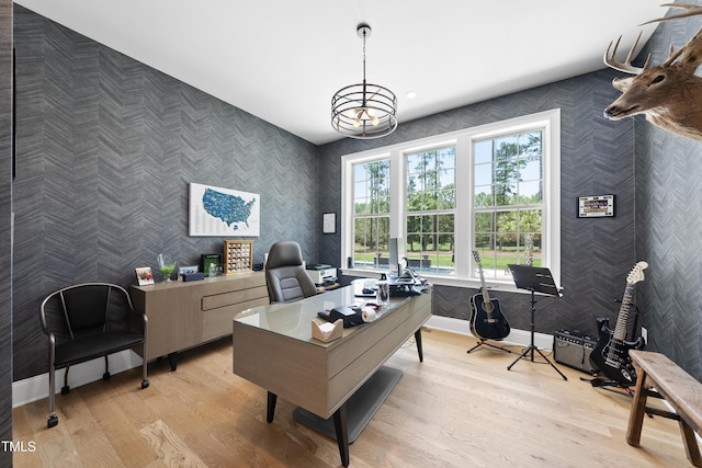 7545 Hasentree Club Dr, Wake Forest, NC 27587 - office area with wallpapered walls, baseboards, light wood-style flooring, a chandelier, and recessed lighting