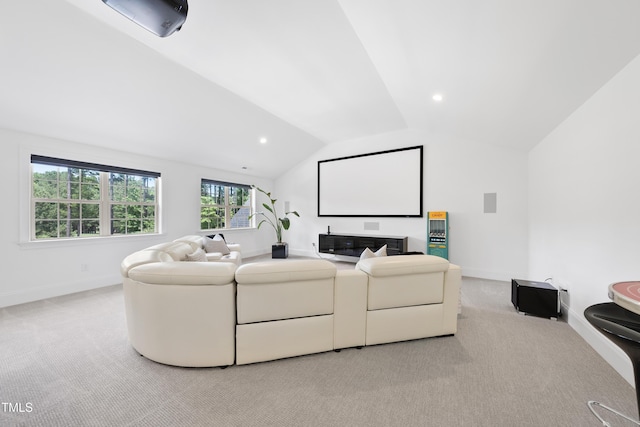 7545 Hasentree Club Dr, Wake Forest, NC 27587 - home theater room with lofted ceiling, light colored carpet, baseboards, and recessed lighting