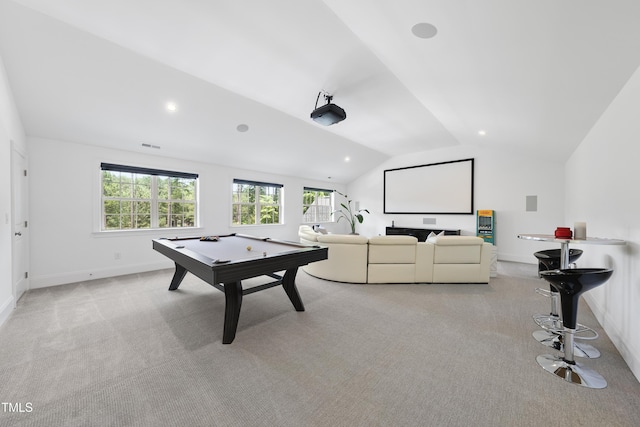 7545 Hasentree Club Dr, Wake Forest, NC 27587 - playroom featuring light colored carpet, billiards table, lofted ceiling, baseboards, and recessed lighting