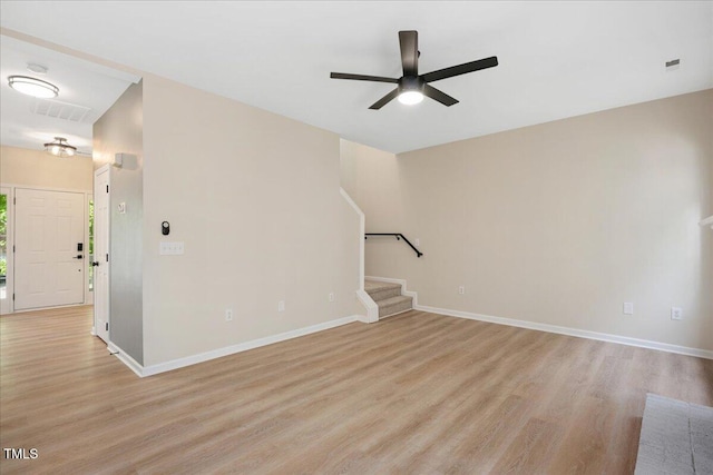 121 River Hills Dr, Clayton, NC 27527 - unfurnished living room featuring stairway, ceiling fan, light wood-style floors, and baseboards