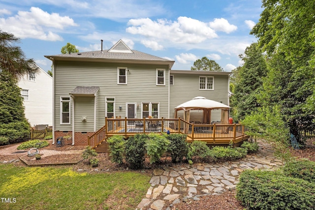 106 Fawley Ct, Cary, NC 27519 - rear view of house featuring a gazebo, a wooden deck, a lawn, and crawl space