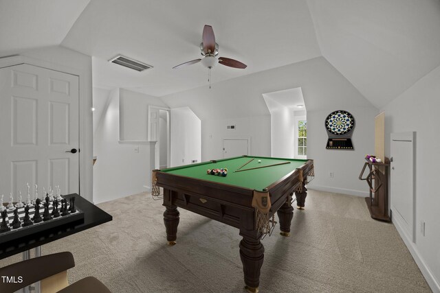 106 Fawley Ct, Cary, NC 27519 - recreation room featuring vaulted ceiling, carpet flooring, ceiling fan, and pool table