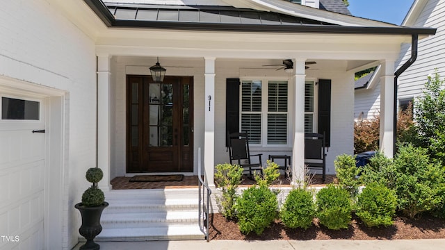 911 Canterbury Rd, Raleigh, NC 27607 - doorway to property featuring a standing seam roof, a porch, ceiling fan, and metal roof