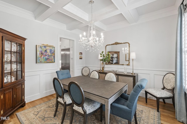 911 Canterbury Rd, Raleigh, NC 27607 - dining area featuring a chandelier, coffered ceiling, beamed ceiling, light wood-type flooring, and wainscoting