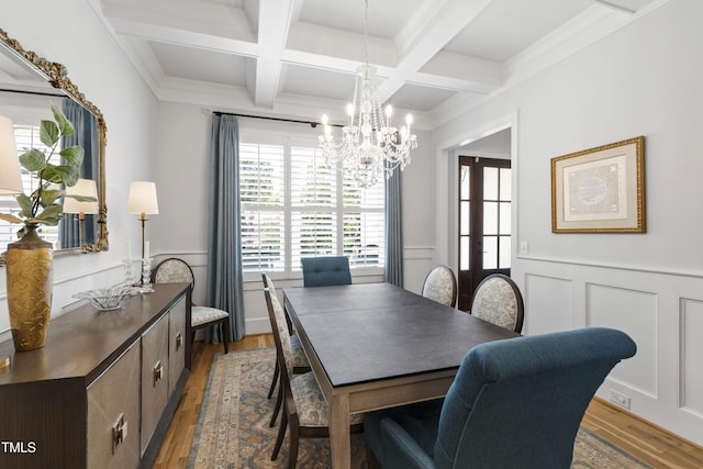 911 Canterbury Rd, Raleigh, NC 27607 - dining area with wood finished floors, a chandelier, beam ceiling, healthy amount of natural light, and coffered ceiling