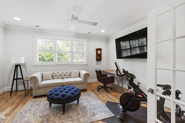 911 Canterbury Rd, Raleigh, NC 27607 - office with ornamental molding, baseboards, light wood finished floors, ceiling fan, and recessed lighting