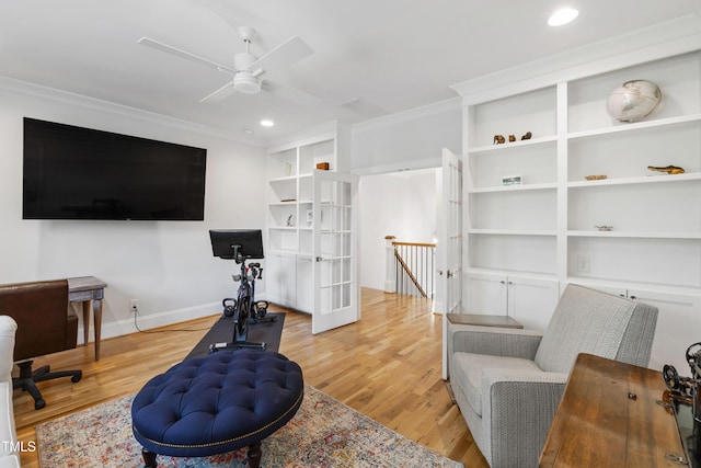 911 Canterbury Rd, Raleigh, NC 27607 - sitting room with an upstairs landing, light wood-type flooring, ceiling fan, recessed lighting, and ornamental molding