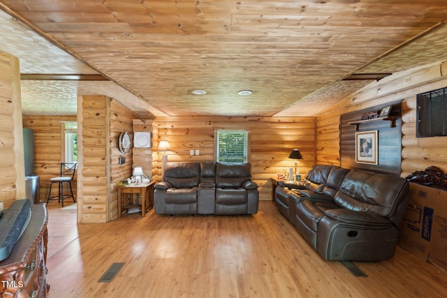 8089 Crawford Currin Rd, Oxford, NC 27565 - living area featuring wooden ceiling, hardwood / wood-style floors, and rustic walls