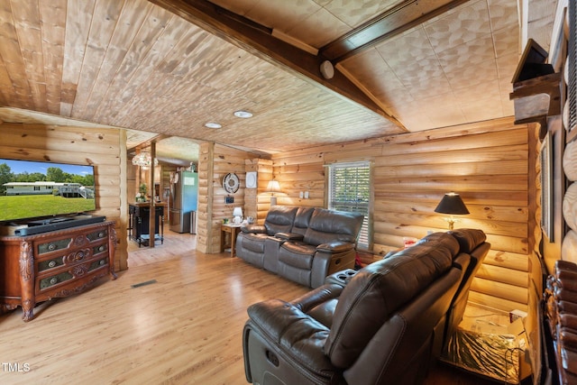 8089 Crawford Currin Rd, Oxford, NC 27565 - living area featuring log walls, wooden ceiling with exposed beams, and wood finished floors