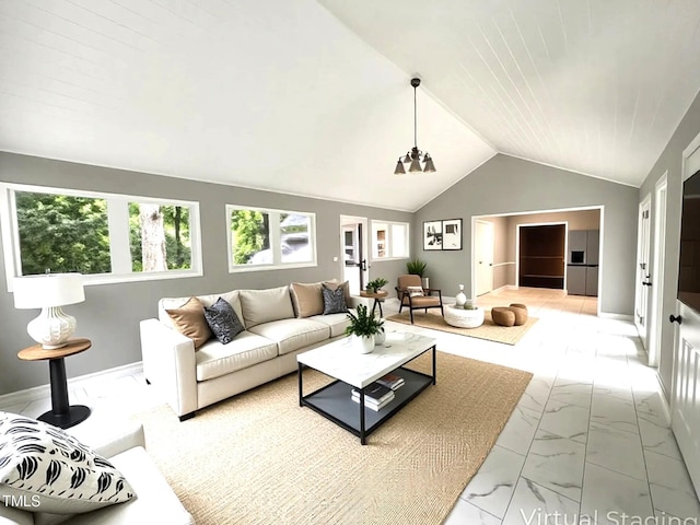108 W Marsha Gayle Ct, Fuquay Varina, NC 27526 - living area featuring light marble finish flooring, vaulted ceiling, and baseboards