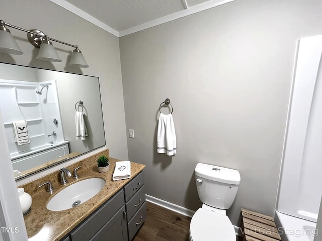 108 W Marsha Gayle Ct, Fuquay Varina, NC 27526 - full bathroom with toilet, vanity, crown molding, baseboards, and shower / washtub combination