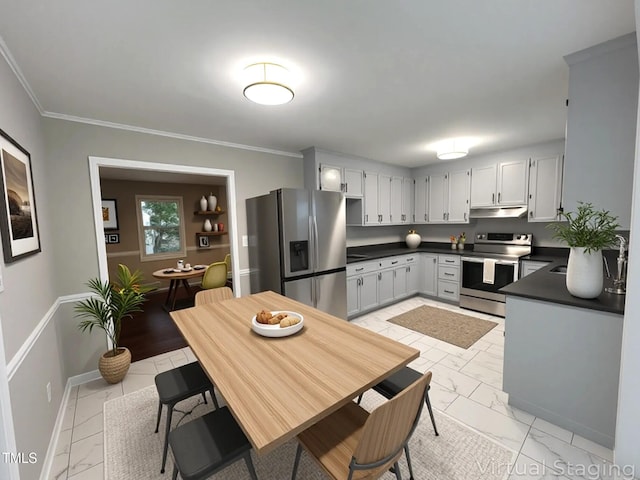108 W Marsha Gayle Ct, Fuquay Varina, NC 27526 - kitchen with appliances with stainless steel finishes, light marble finish flooring, under cabinet range hood, dark countertops, and ornamental molding