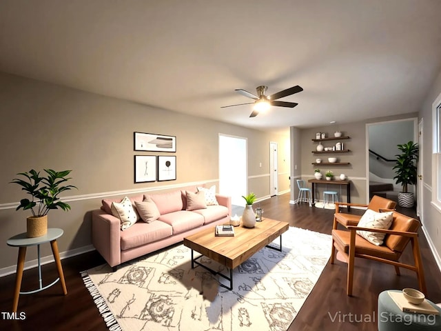 108 W Marsha Gayle Ct, Fuquay Varina, NC 27526 - living area featuring ceiling fan, wood finished floors, and baseboards