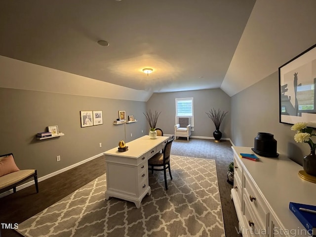 108 W Marsha Gayle Ct, Fuquay Varina, NC 27526 - home office with lofted ceiling, baseboards, and dark carpet