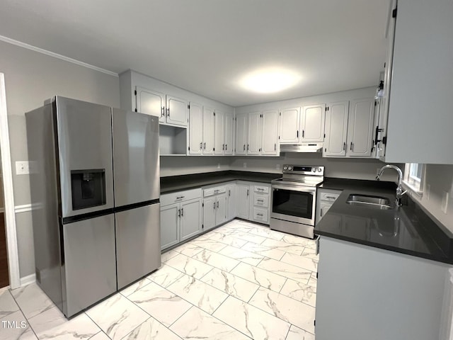 108 W Marsha Gayle Ct, Fuquay Varina, NC 27526 - kitchen with stainless steel appliances, a sink, under cabinet range hood, light marble finish floors, and dark countertops