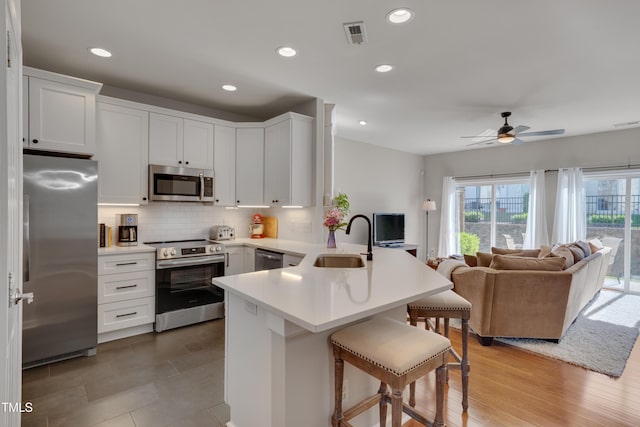 8404 Saltwood Pl, Raleigh, NC 27617 - kitchen with stainless steel appliances, a sink, a peninsula, open floor plan, and a breakfast bar area