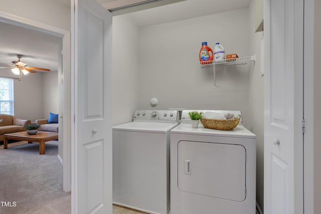8404 Saltwood Pl, Raleigh, NC 27617 - washroom with independent washer and dryer, ceiling fan, and light carpet