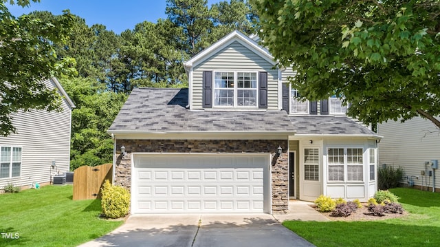 6 Beaver Creek Ln, Durham, NC 27703 - traditional home with driveway, roof with shingles, and stone siding