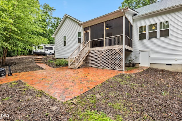 100 Lexington Ave, Zebulon, NC 27597 - rear view of property with crawl space, a patio, a sunroom, stairway, and a ceiling fan