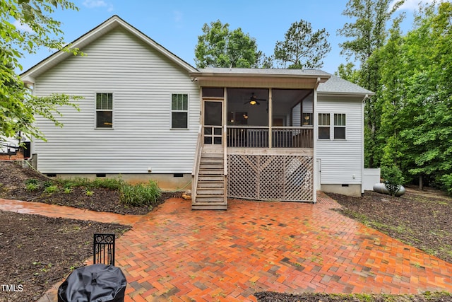 100 Lexington Ave, Zebulon, NC 27597 - back of house with crawl space, a sunroom, stairway, a patio, and a ceiling fan