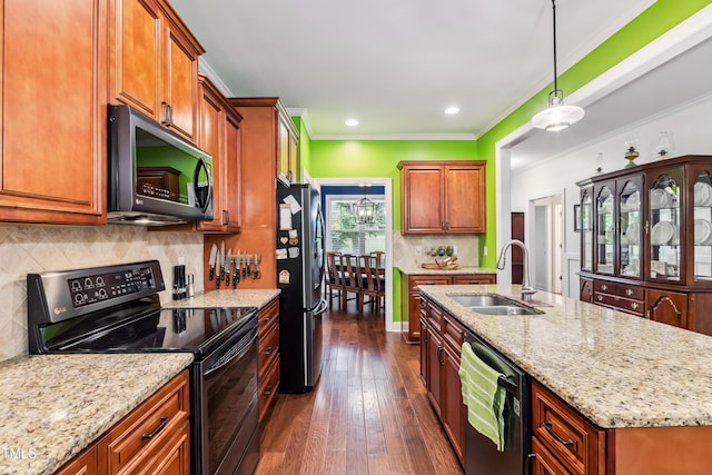 100 Lexington Ave, Zebulon, NC 27597 - kitchen featuring black electric range oven, a sink, freestanding refrigerator, dishwasher, and dark wood-style flooring
