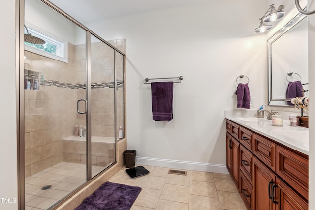 100 Lexington Ave, Zebulon, NC 27597 - bathroom featuring double vanity, a shower stall, baseboards, and tile patterned flooring