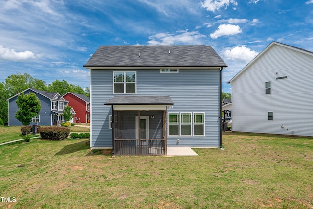 173 Forsyth Pkwy, Clayton, NC 27520 - back of property with a lawn, a sunroom, a patio area, and roof with shingles