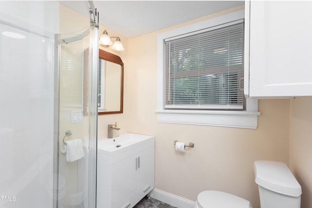 126 Barclay Rd, Chapel Hill, NC 27516 - bathroom featuring toilet, a stall shower, vanity, and baseboards
