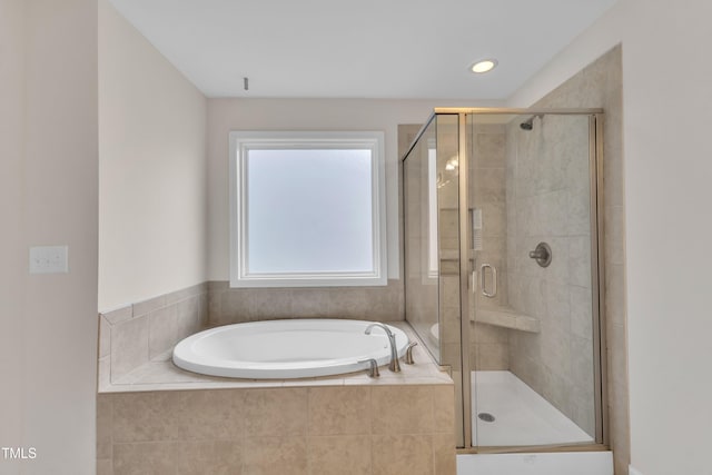3449 S Beaver Ln, Raleigh, NC 27604 - bathroom with a bath, a shower stall, and recessed lighting