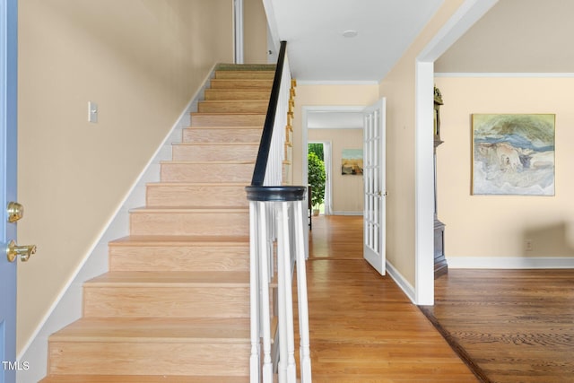 816 Miller Rd, Hillsborough, NC 27278 - staircase with ornamental molding, wood finished floors, and baseboards