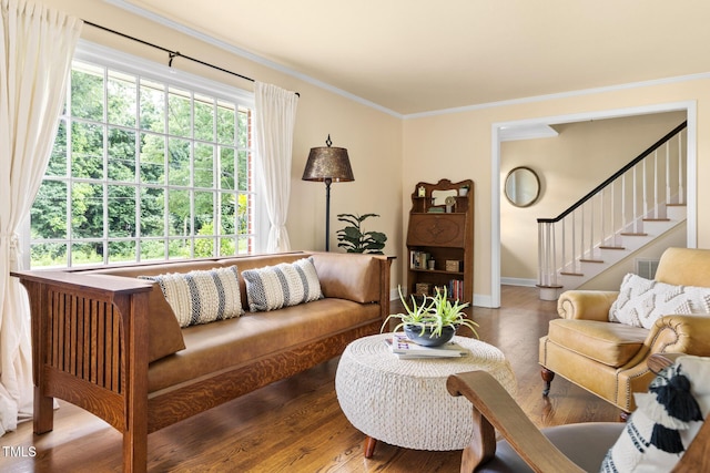 816 Miller Rd, Hillsborough, NC 27278 - living room with crown molding, wood finished floors, baseboards, and stairway