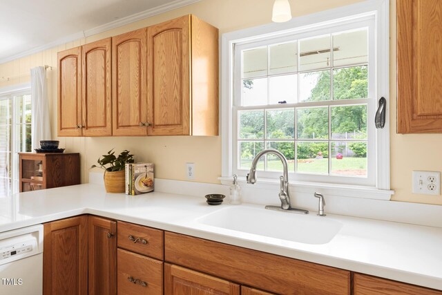 816 Miller Rd, Hillsborough, NC 27278 - kitchen with a sink, white dishwasher, light countertops, and brown cabinetry