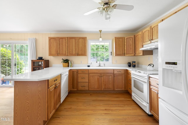816 Miller Rd, Hillsborough, NC 27278 - kitchen featuring white appliances, under cabinet range hood, a peninsula, a sink, and crown molding