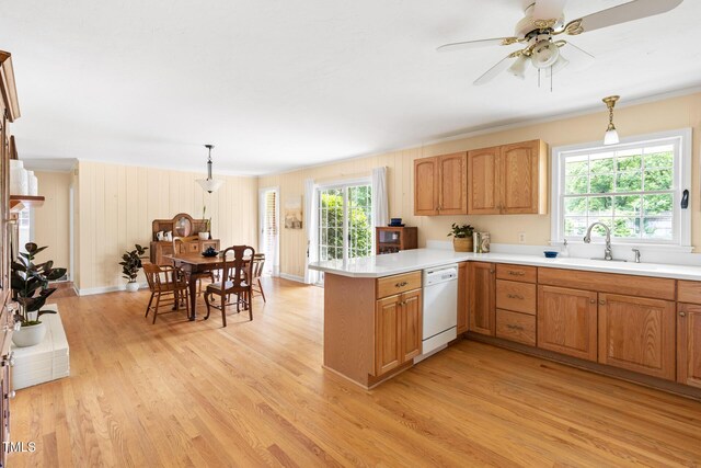816 Miller Rd, Hillsborough, NC 27278 - kitchen with white dishwasher, a sink, light wood finished floors, a peninsula, and hanging light fixtures