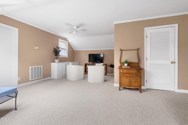 816 Miller Rd, Hillsborough, NC 27278 - living area with ceiling fan, baseboards, carpet flooring, crown molding, and a desk