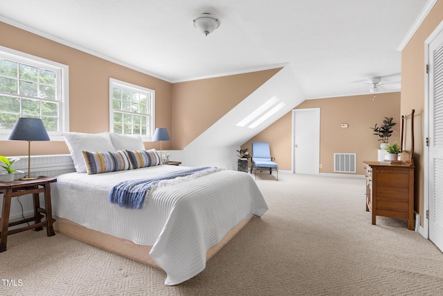 816 Miller Rd, Hillsborough, NC 27278 - carpeted bedroom featuring a skylight, crown molding, and vaulted ceiling