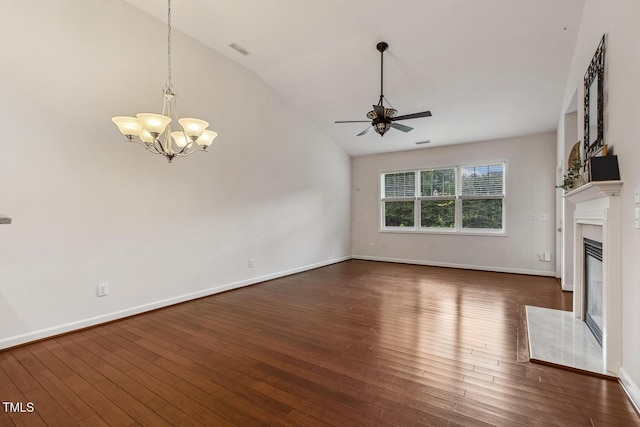 309 Plank Bridge Way, Morrisville, NC 27560 - unfurnished living room with a ceiling fan, dark wood-style floors, a chandelier, a fireplace, and lofted ceiling