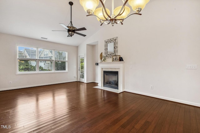 309 Plank Bridge Way, Morrisville, NC 27560 - unfurnished living room featuring a ceiling fan, a chandelier, dark wood-style floors, a fireplace with flush hearth, and high vaulted ceiling
