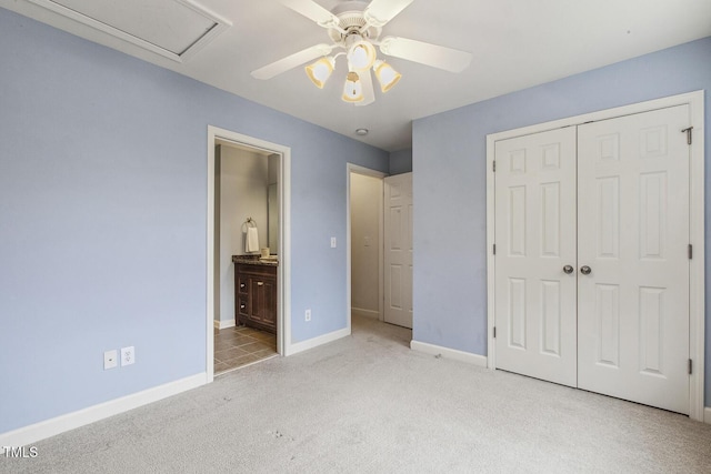 309 Plank Bridge Way, Morrisville, NC 27560 - unfurnished bedroom with light carpet, a closet, baseboards, ceiling fan, and connected bathroom